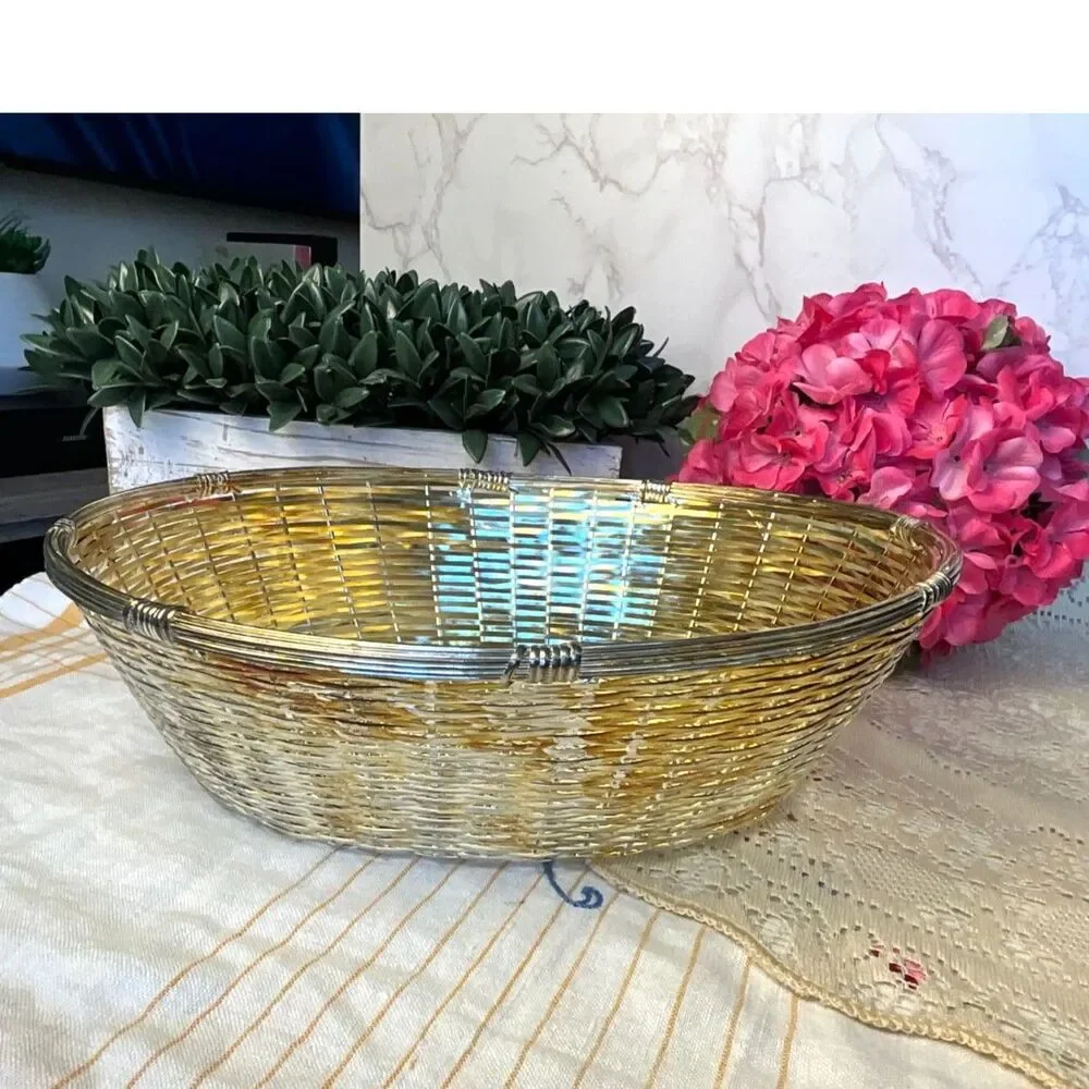 Vintage Silver Plated Metal Basket; oval serving basket MCM